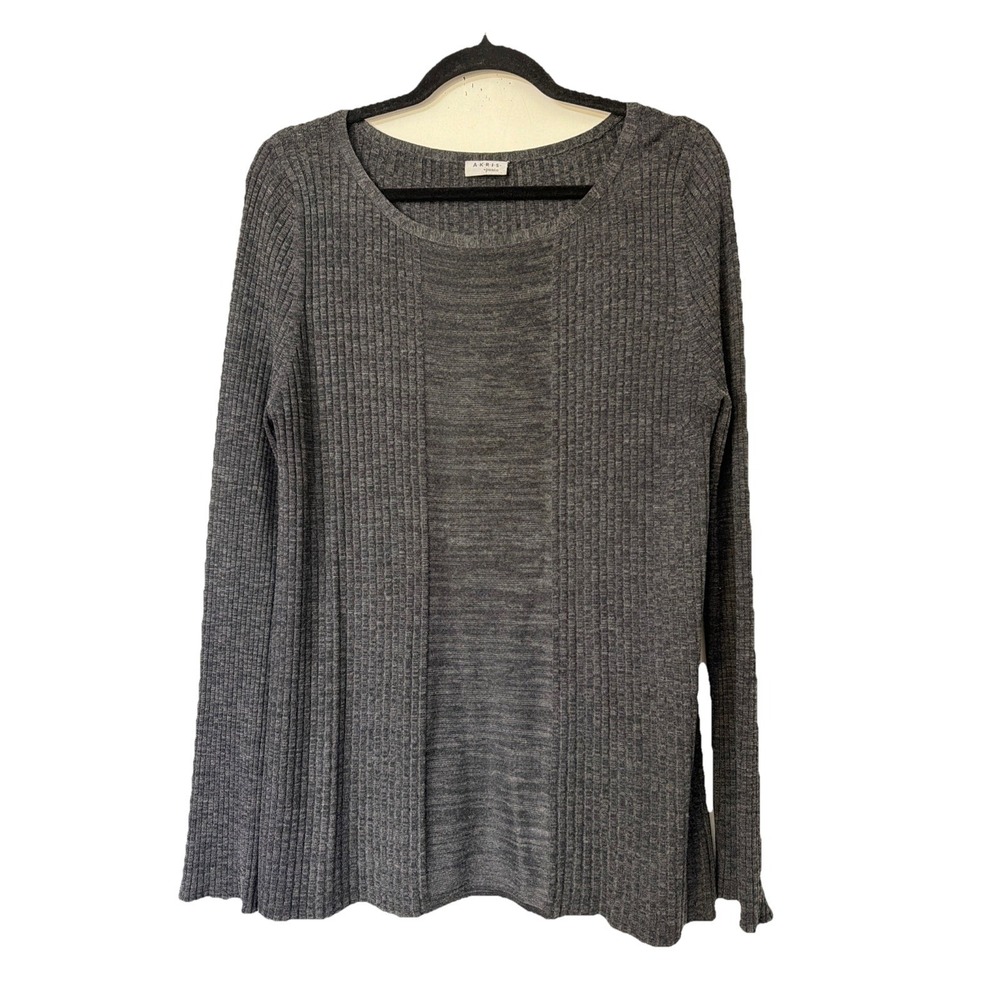 Akris Punto Gray Ribbed Knit Wool Blend Pullover Sweater Sz 12 Preppy